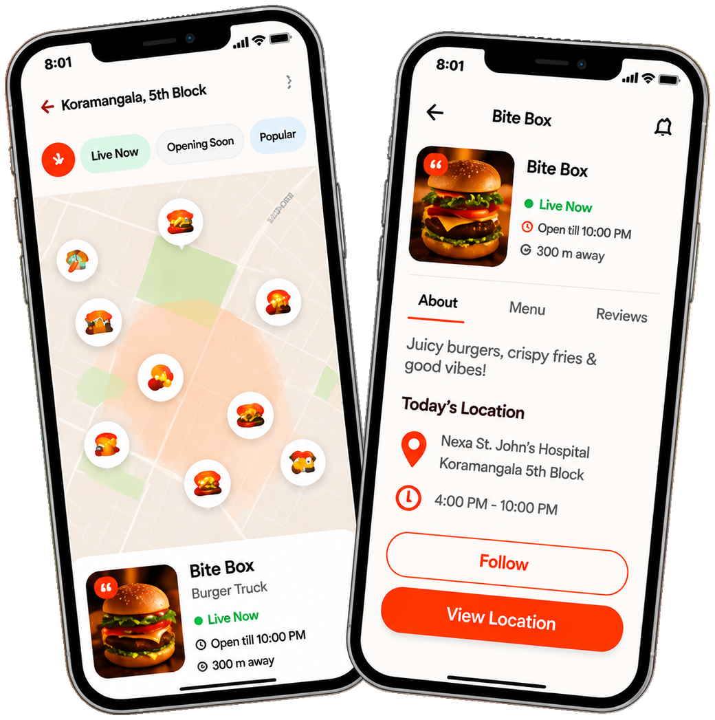 Joolfi app showing a live food map of Koramangala and the Bite Box vendor profile with location and opening hours