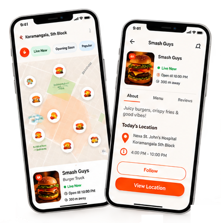 Joolfi app showing a live food map of Koramangala and the Smash Guys vendor profile with location and opening hours