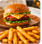 Fresh burger served with golden fries