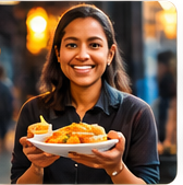 Happy customer holding a plate of local street food