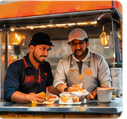 Two vendors preparing food together at their night market stall