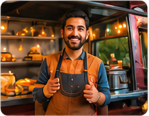 Smiling food vendor giving a thumbs up inside his food truck