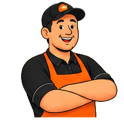 Friendly Joolfi vendor character wearing a cap and apron with arms crossed