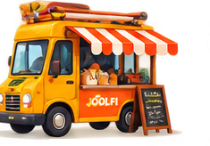 Illustration of a yellow Joolfi food truck with a striped awning and menu board