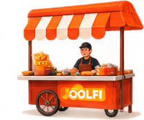 Illustration of a local Joolfi food stall with a striped awning and friendly vendor