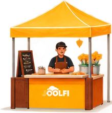 Illustration of a Joolfi pop-up food tent with a vendor serving customers