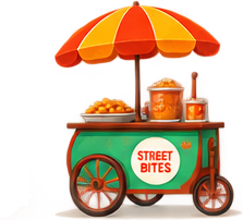 Illustration of a green street food cart with a red and yellow umbrella